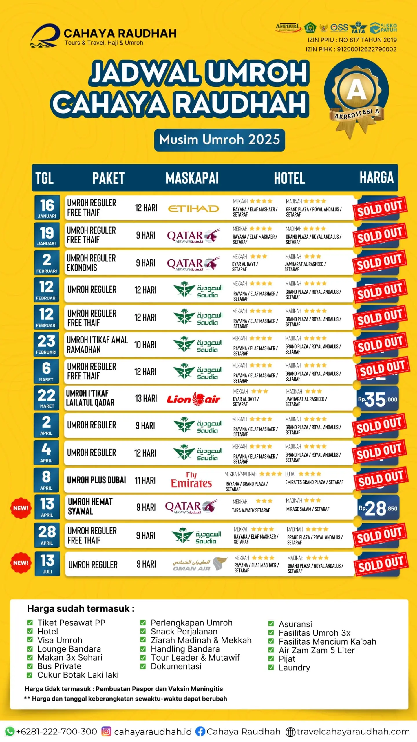 update seat 20 Januari 2025 Cahaya Raudhah | Travel Umroh