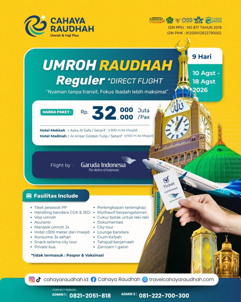 Umroh Raudhah Reguler 10 Agustus 2026 9 Hari (Direct Flight)